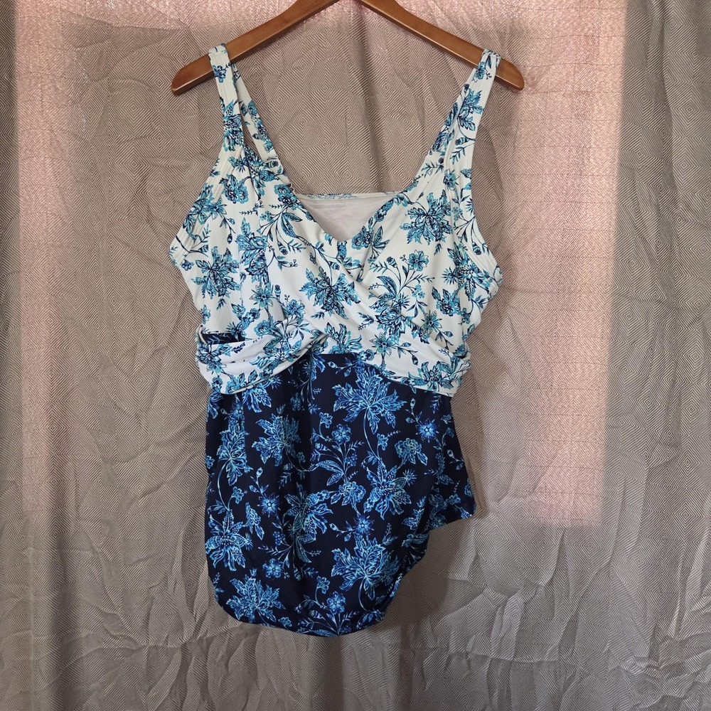 Lands' End Swimdress Womens 20W Plus Blue Floral Wide Strap Built In Bra Lined